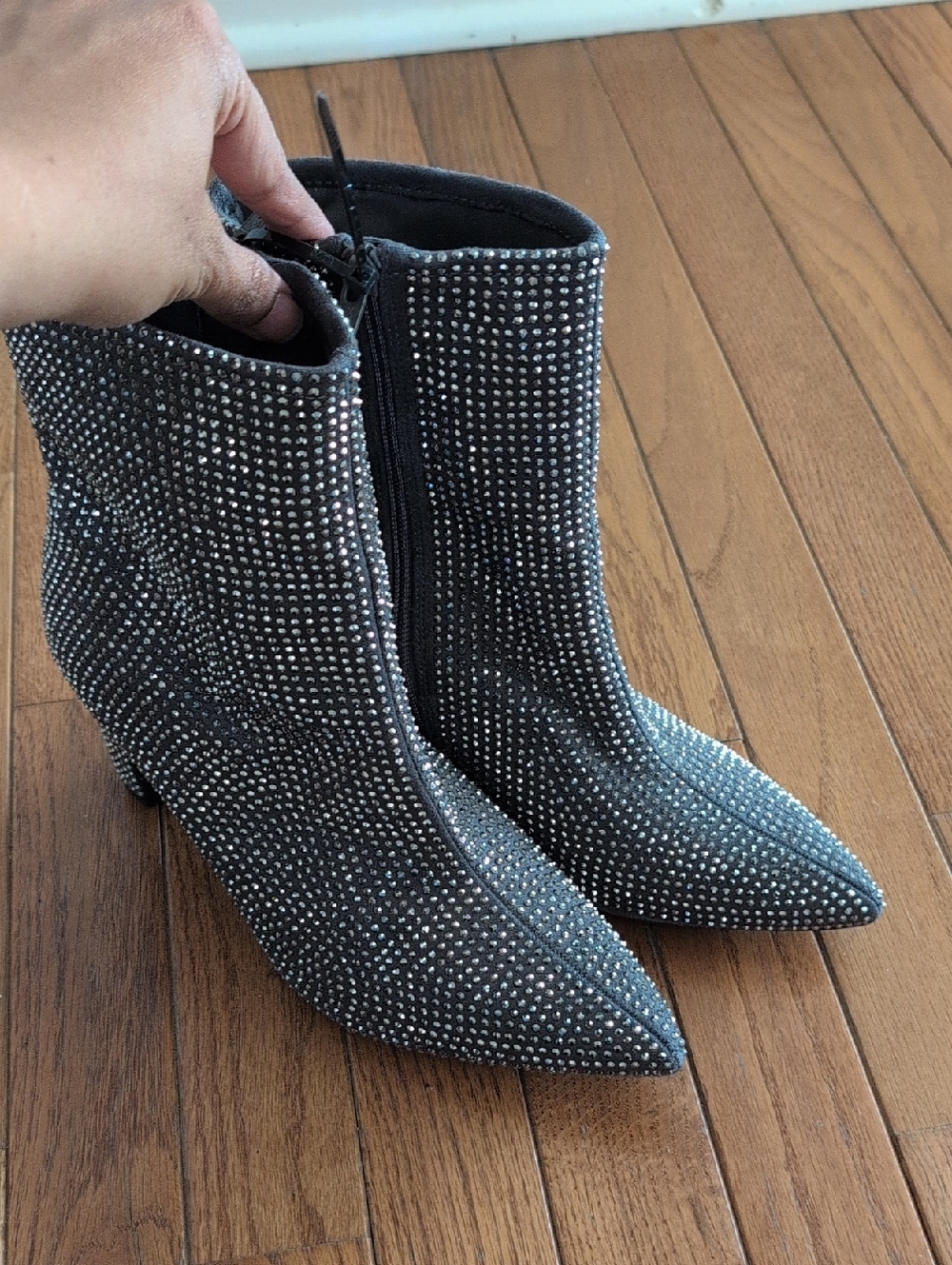 Embellished Grey Pointed Toe Ankle Boots